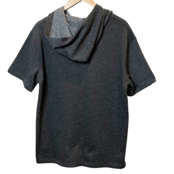 Women’s Dark Heather Grey Charcoal Short Sleeve Hoodie Streetwear Pullover - Picture 9 of 16